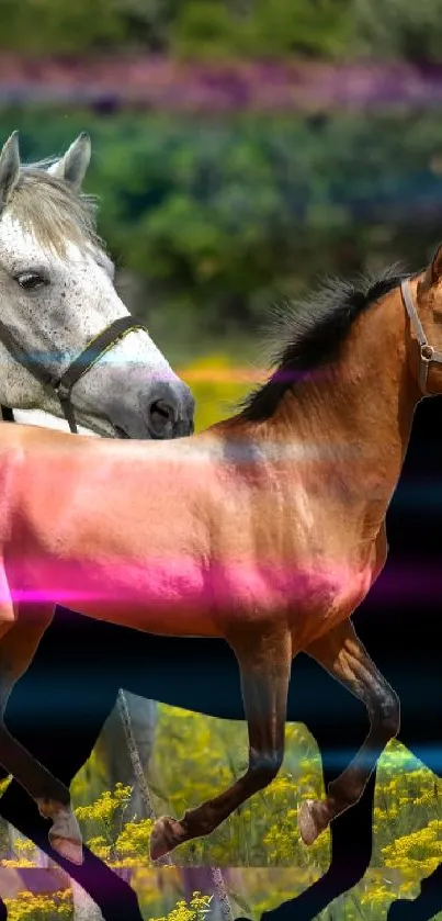 Horses galloping through a yellow flower meadow.