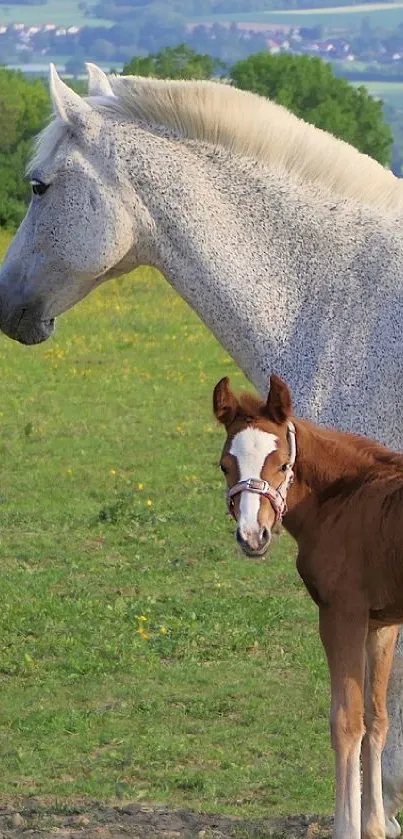 Majestic white horse and brown foal in green pasture.