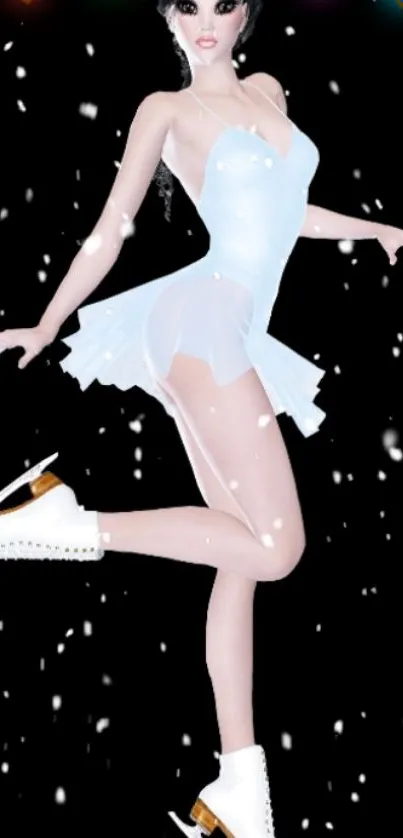 Graceful ice skater against a dark backdrop with snow effects.