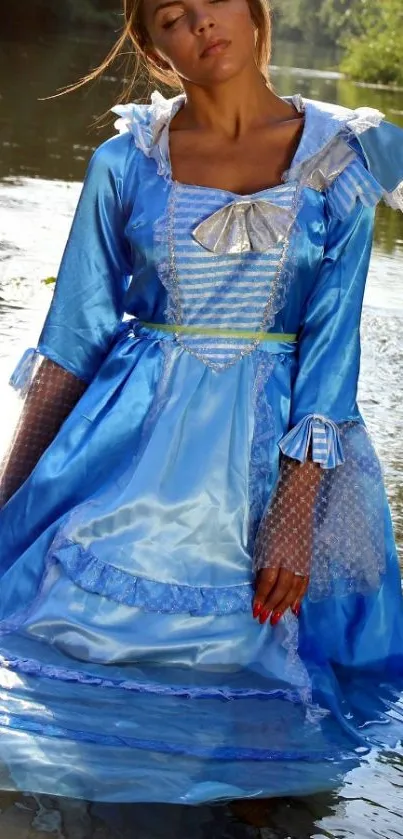 Woman in blue dress standing in a river, serene setting.