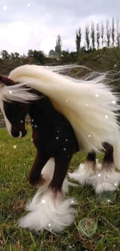 Miniature horse with flowing mane in nature setting.