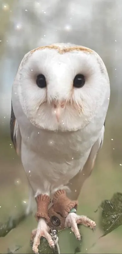 Beautiful white owl perched on a branch in soft focus.