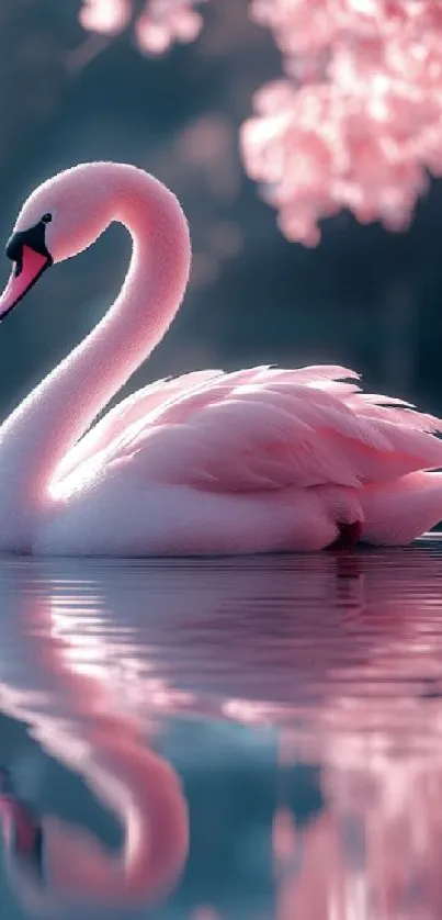A pink swan gracefully reflected on a serene lake.