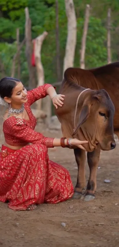 Woman in red dress interacting with cow in rural setting.