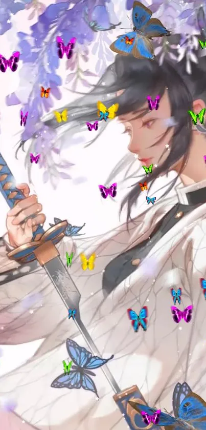 Anime samurai with flowing hair and vibrant butterflies in lavender tones.