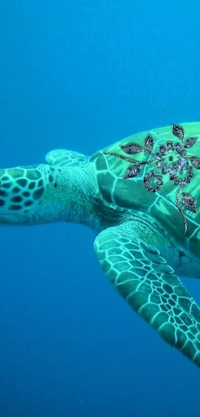 Sea turtle with a unique design swimming in a turquoise ocean.