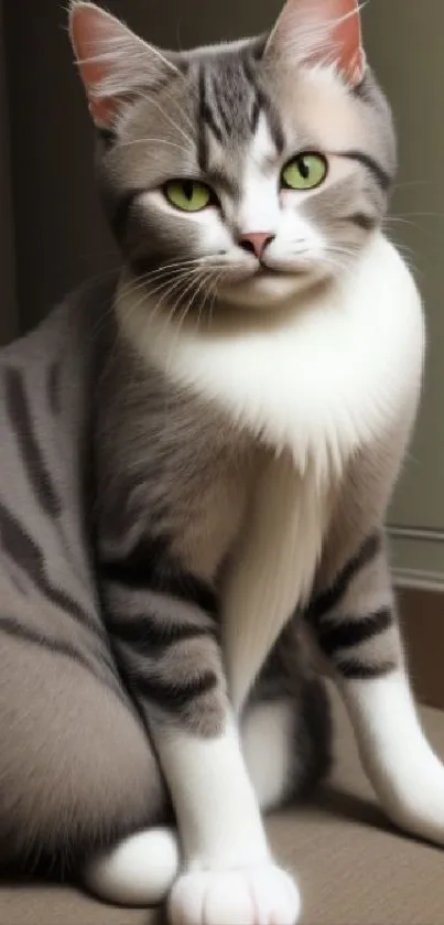 Elegant gray striped cat with green eyes sitting gracefully.