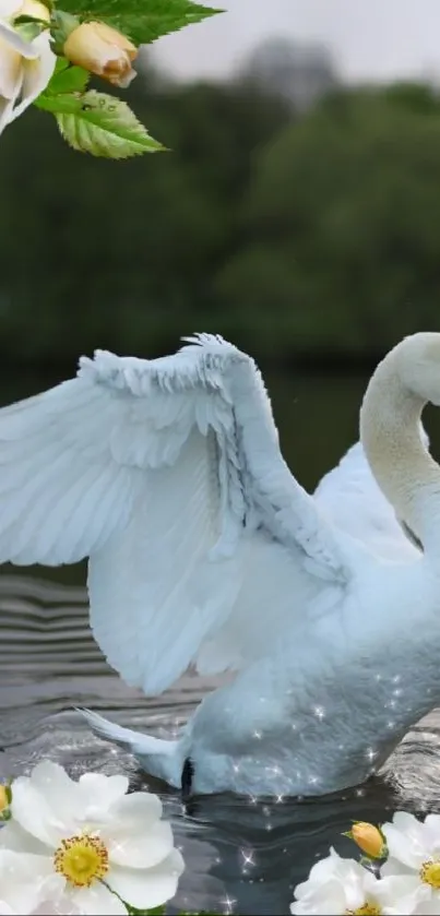 Graceful swan spreading wings near white flowers on a peaceful lake.