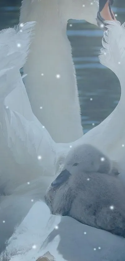 Majestic swan with cygnets on its back, surrounded by shimmering lights.