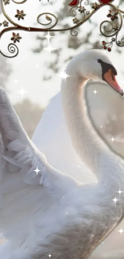 Graceful swan with sparkling lights and ornate floral design.