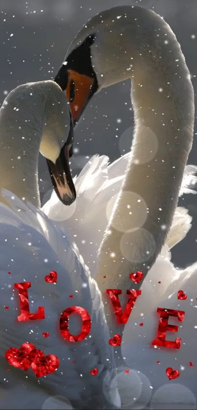 Two elegant swans with red love text, creating a romantic winter scene.