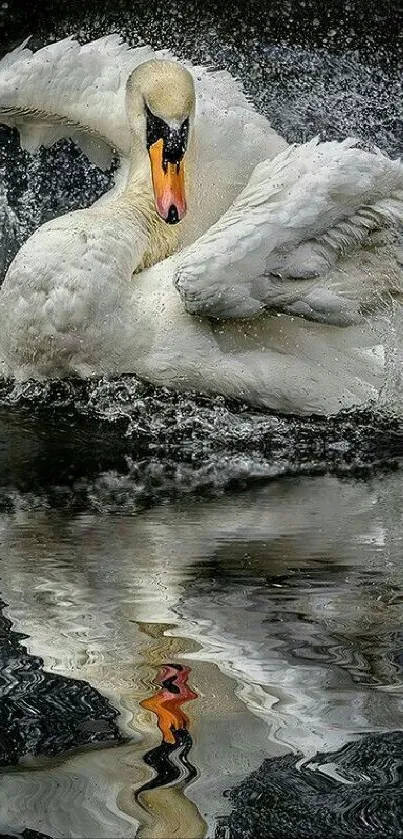 Graceful swan glides on water, creating a stunning reflection.