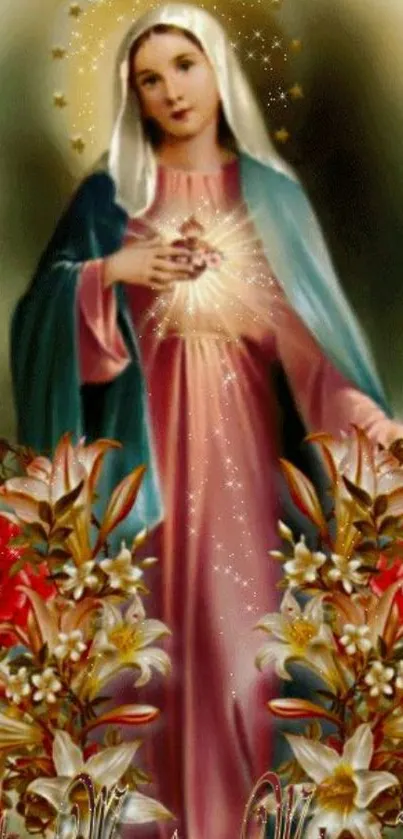 Virgin Mary with radiant floral design.