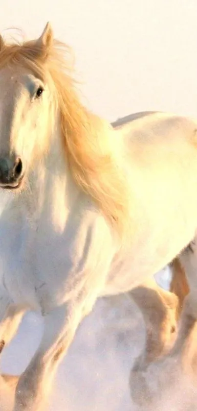 Majestic white horse running in snowy field.