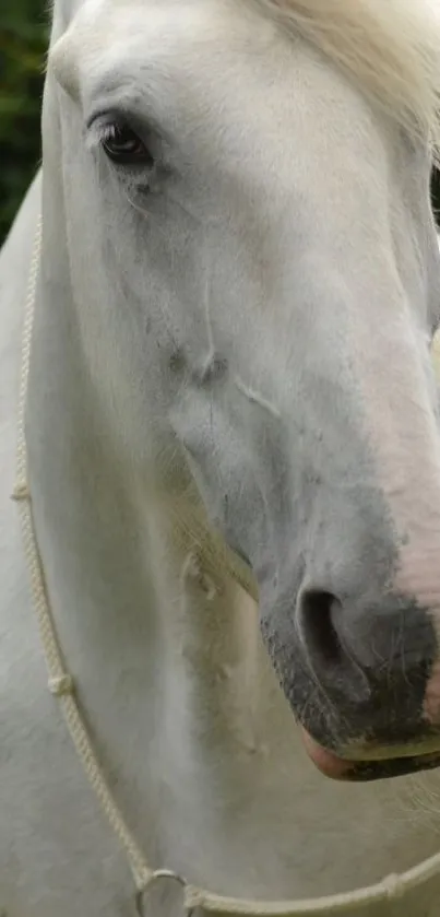 Close-up of a white horse with a flowing mane.