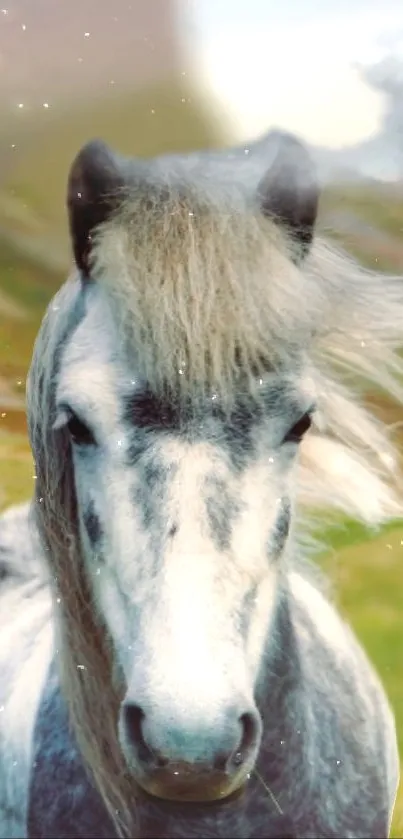 Graceful white horse in a serene natural setting.