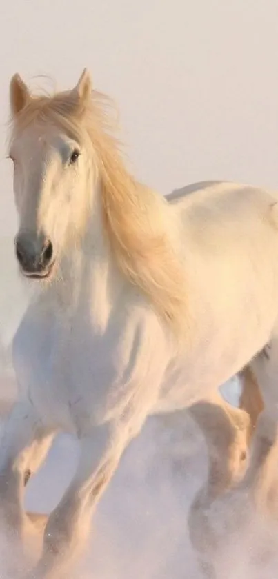 Majestic white horse running through snowy landscape, mobile wallpaper.