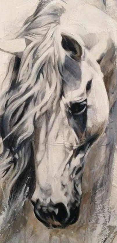 Artistic depiction of a graceful white horse with flowing mane.