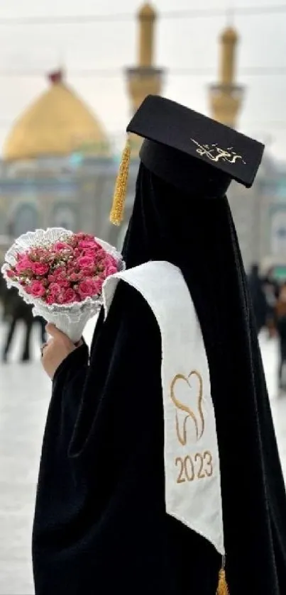 Person in hijab holding flowers during graduation.