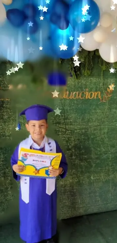 Young graduate holding certificate with festive decorations in background.