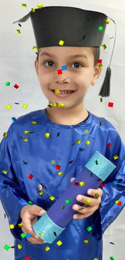 Excited child in graduation robes with colorful confetti backdrop.