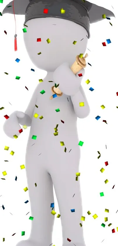 3D character in graduation cap with confetti background.