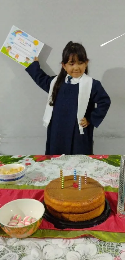 Child celebrating graduation with cake and colorful decorations.