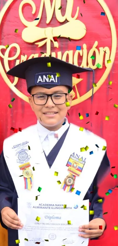 Young graduate with cap and diploma surrounded by colorful confetti on red background.