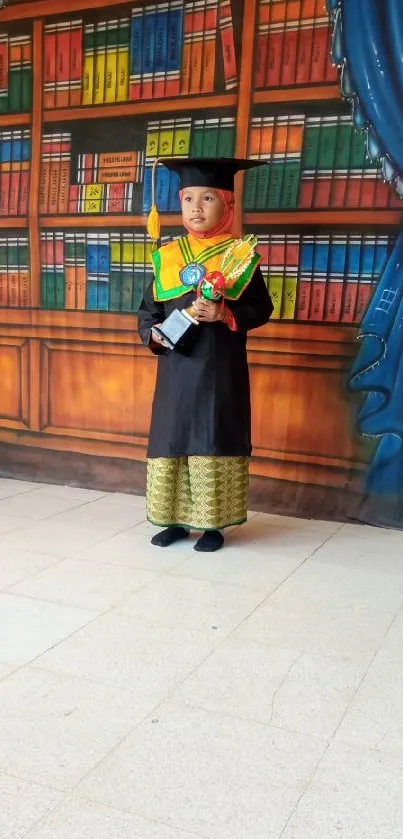 Graduation portrait with bookshelves and colorful attire.