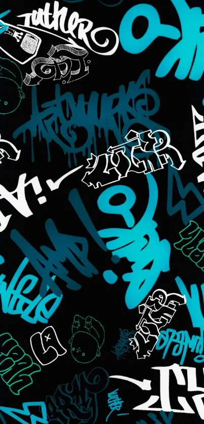 Graffiti art wallpaper with vibrant blue elements.