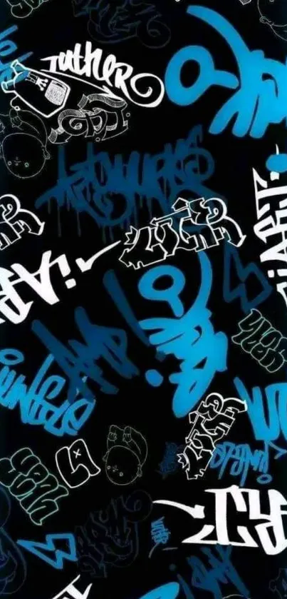 Dynamic graffiti art wallpaper with blue accents on black background.