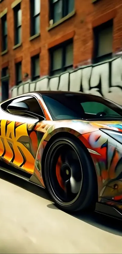 Vibrant graffiti art on a sports car driving through an urban street.