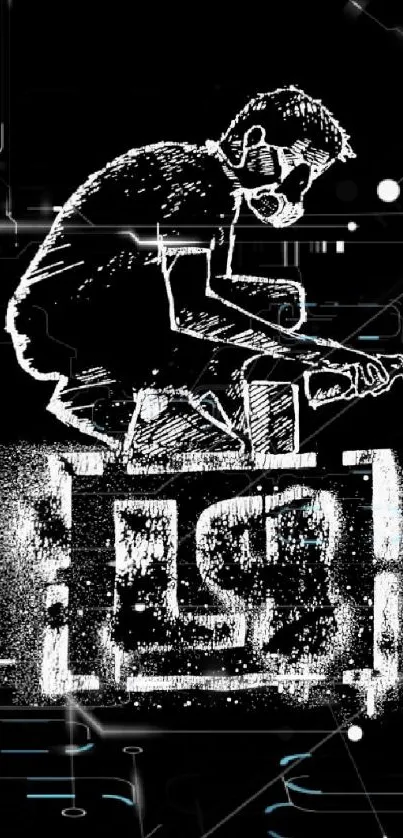 Black and white graffiti artist illustration on a mobile wallpaper.