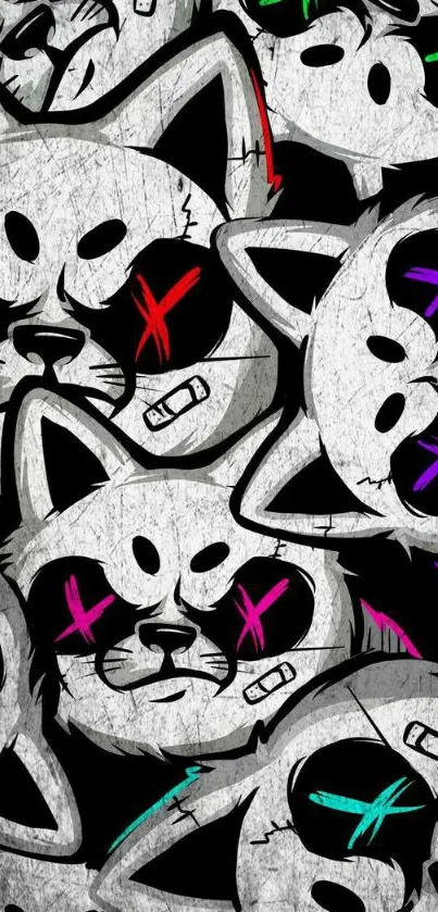 Graffiti cats with vibrant colors on a textured background for phones.