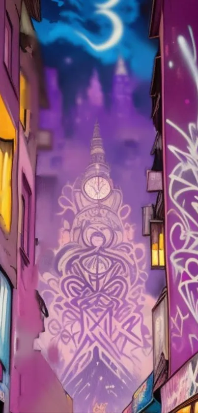 Graffiti cityscape with clock tower and crescent moon.