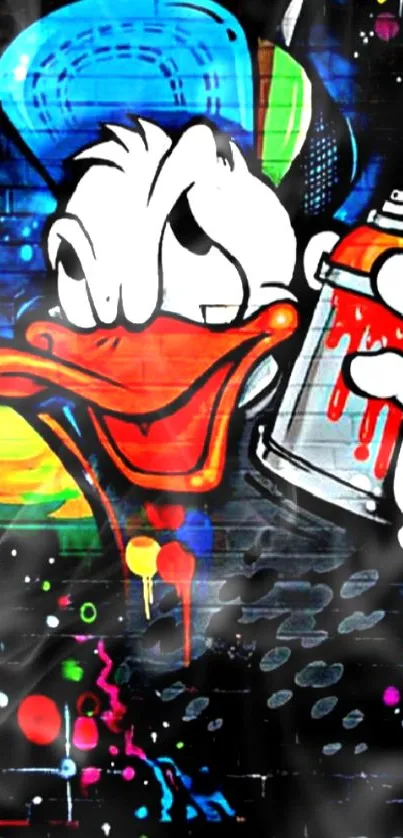 Graffiti duck with spray paint in vibrant colors on brick wall background.