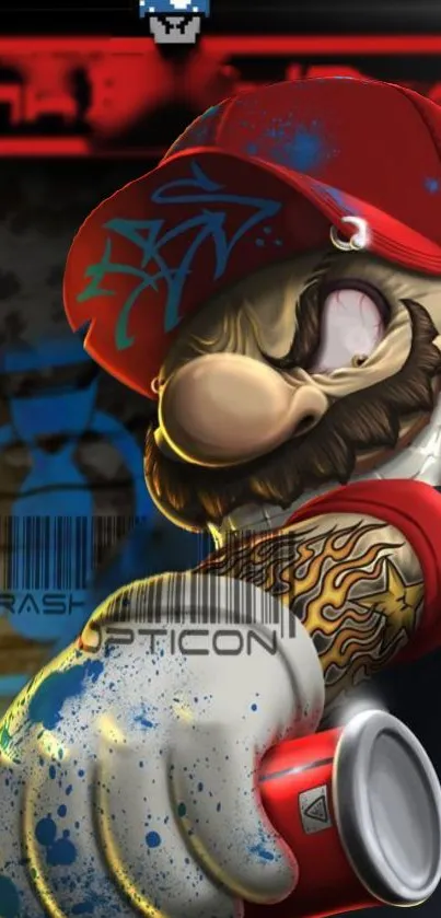 Graffiti-style wallpaper with gaming character in red cap.