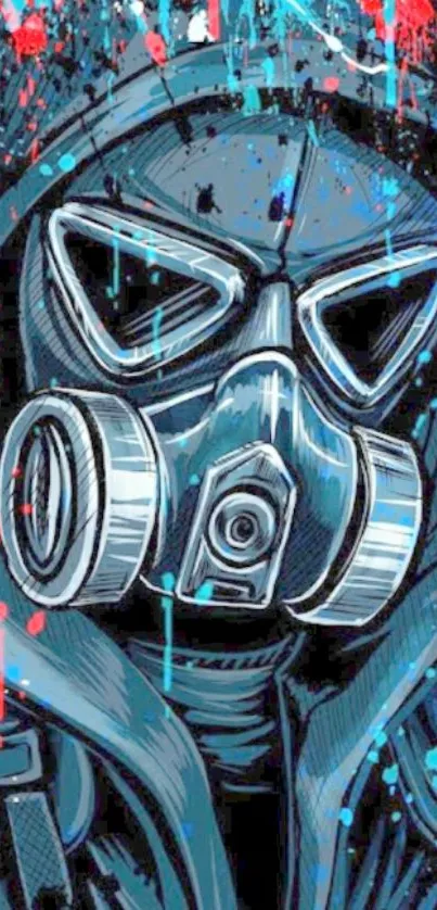 Graffiti art of a person in a gas mask with vibrant colors and urban style.