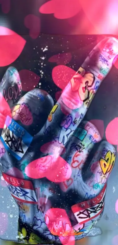 Graffiti heart gesture with pink accents on a mobile wallpaper.