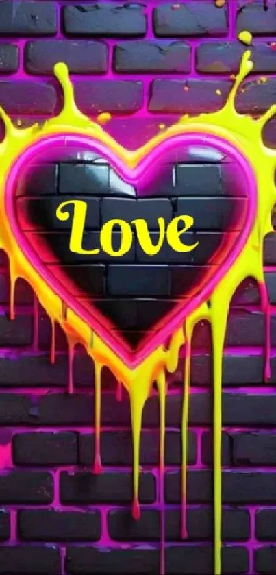 Graffiti heart with love text on a vibrant neon brick wall.