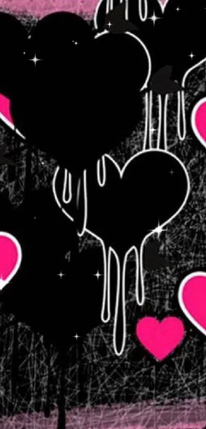 Graffiti heart wallpaper with pink accents on black.