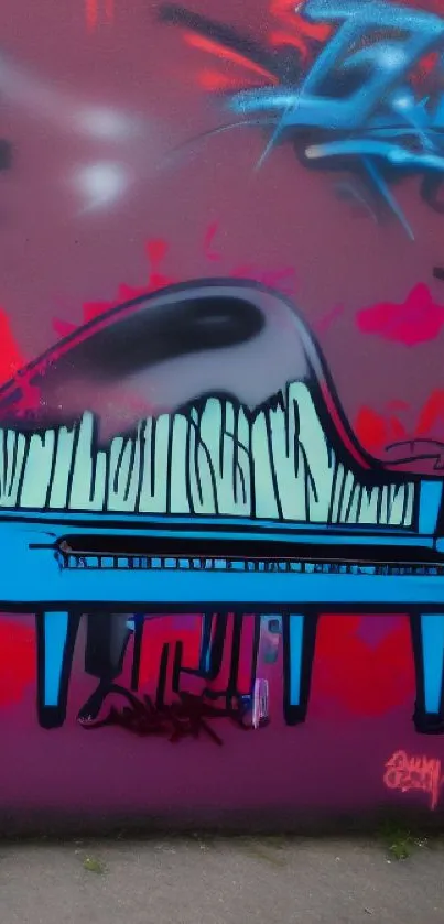 Graffiti art of a blue piano on a vibrant purple wall.