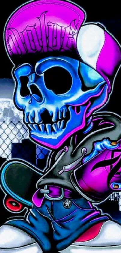 Graffiti skull in neon colors with urban street art style for mobile wallpaper.