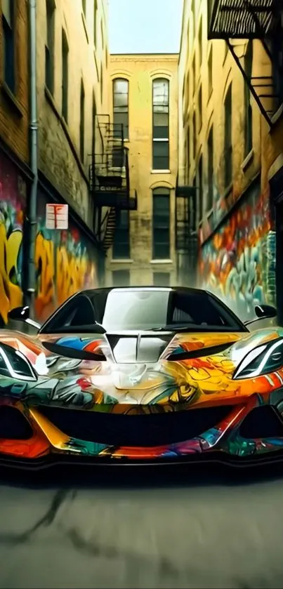 Sports car with graffiti art in a vibrant urban alleyway.