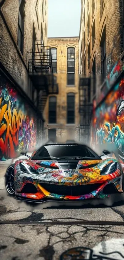 Colorful graffiti street art with vibrant sports car in urban alley setting.