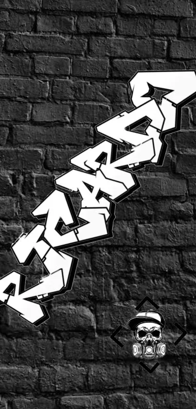 Black graffiti wallpaper with bold white lettering on brick background.