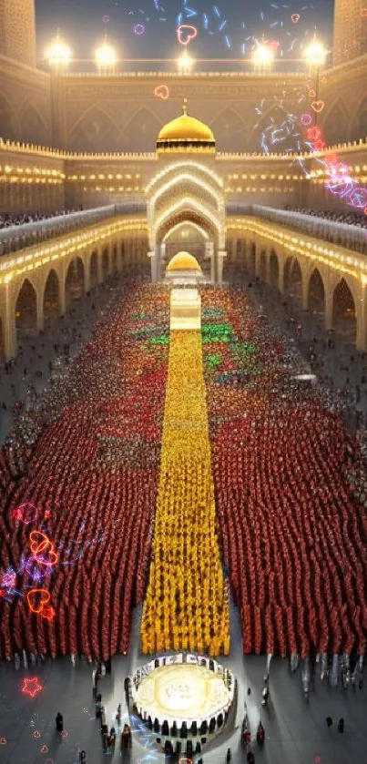 Vibrant procession in grand architectural setting.