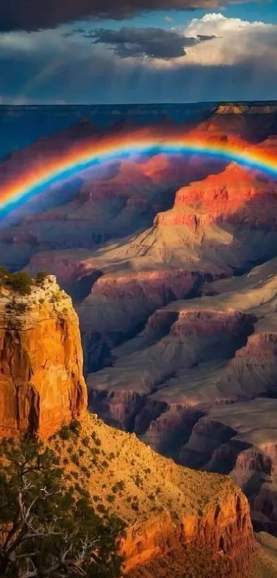 Colorful rainbow spans across Grand Canyon cliffs under a dramatic sky.
