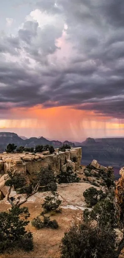 Stormy sunset over the Grand Canyon with vibrant skies.