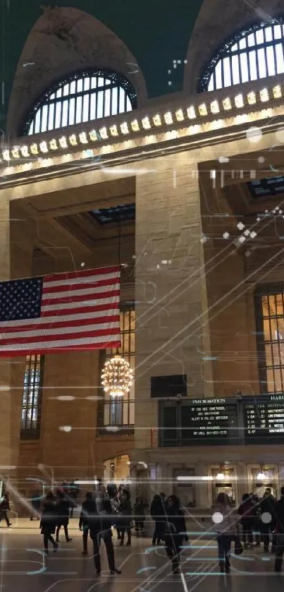 Grand Central Station with American flag and elegant architecture.